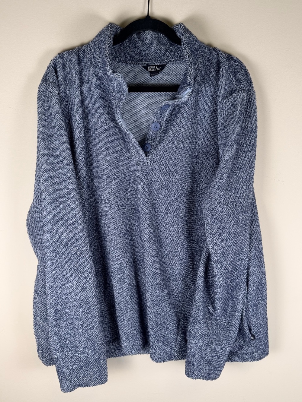 Eddie Bauer Heathered Blue Henley mock neck button up fleece